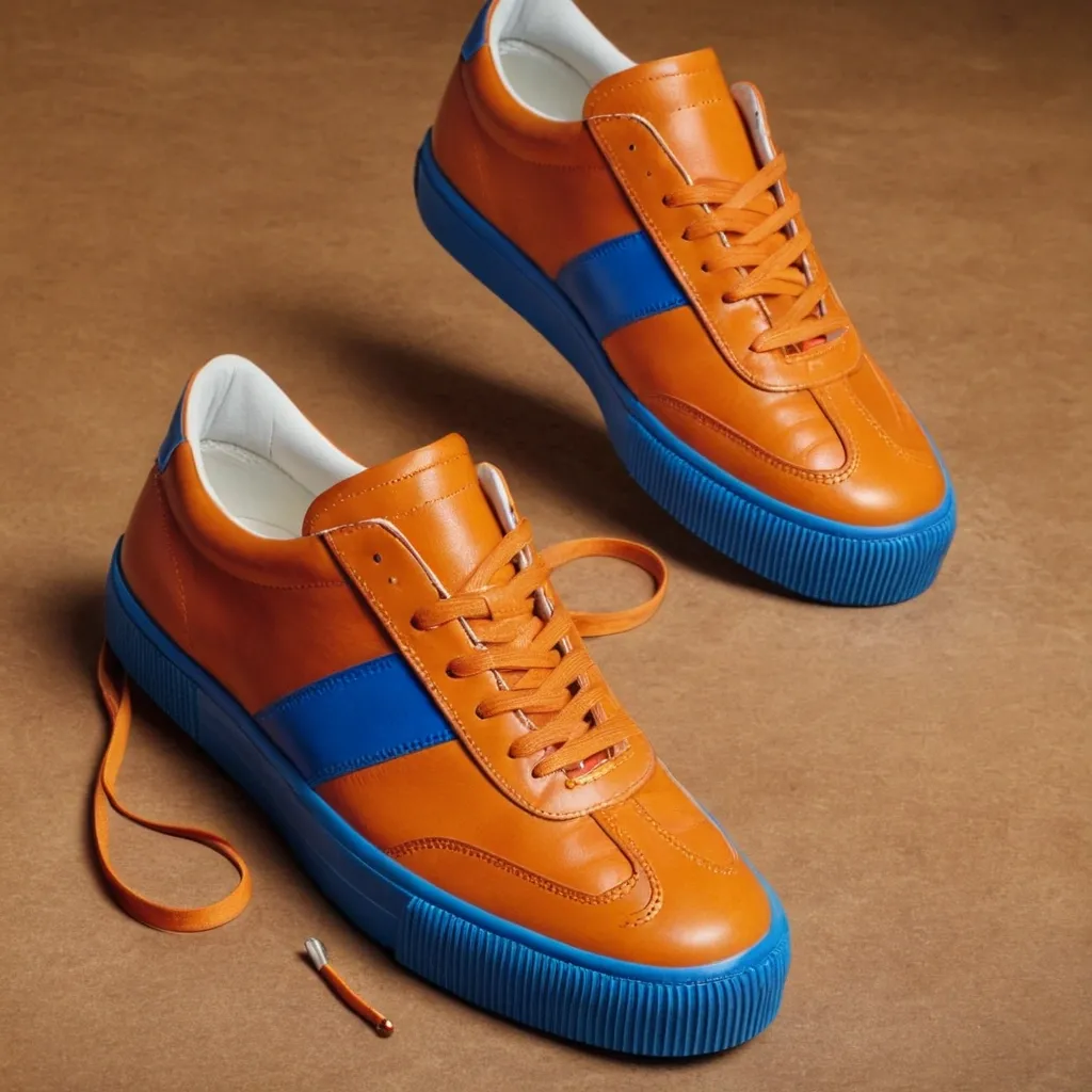 detailed photo of orange sneakers blue sole