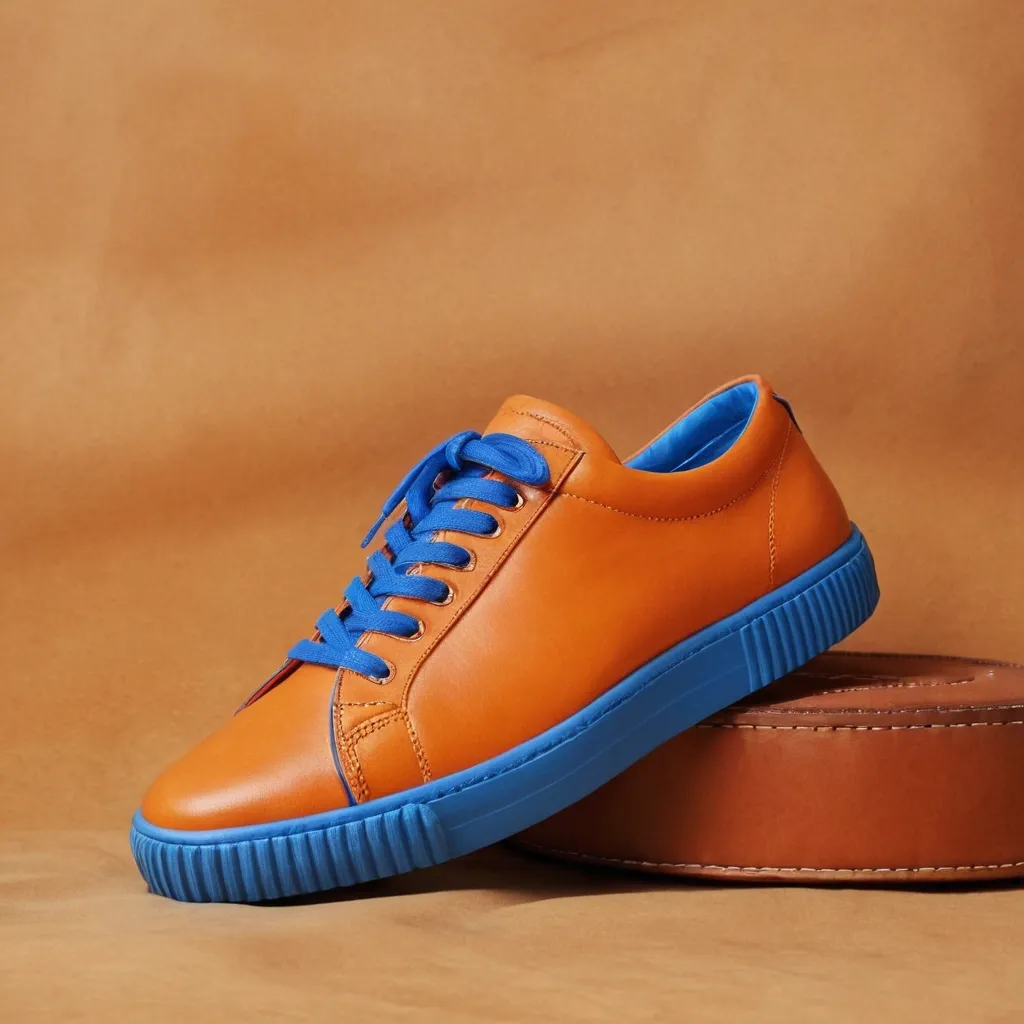 detailed photo of orange sneakers blue sole