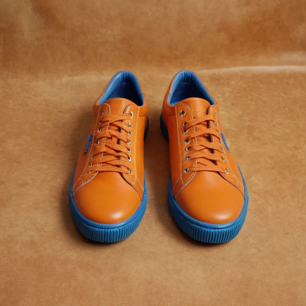 detailed photo of orange sneakers blue sole