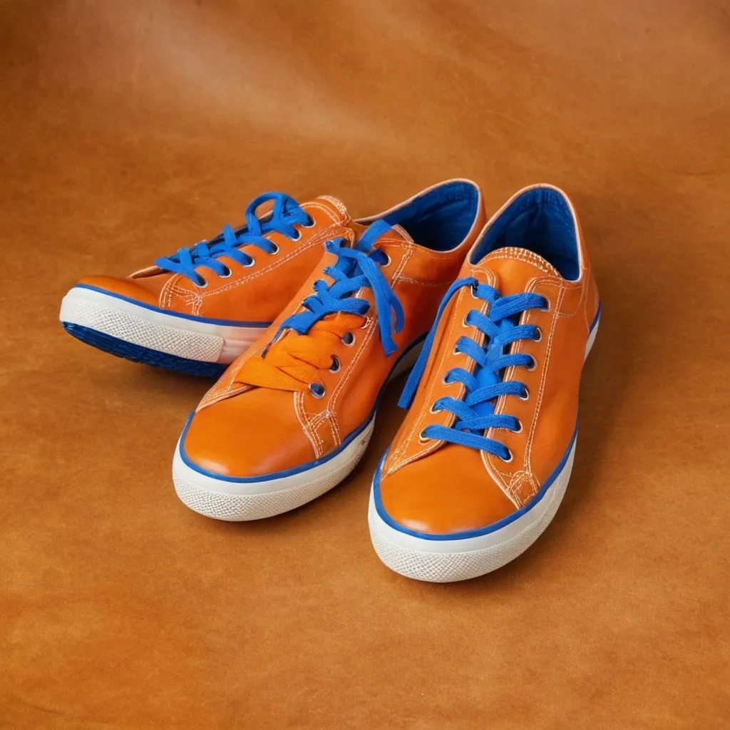detailed photo of orange sneakers blue sole