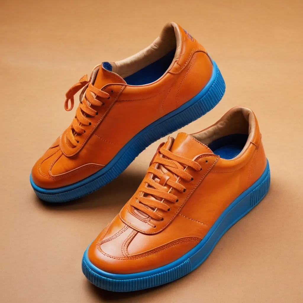 detailed photo of orange sneakers blue sole
