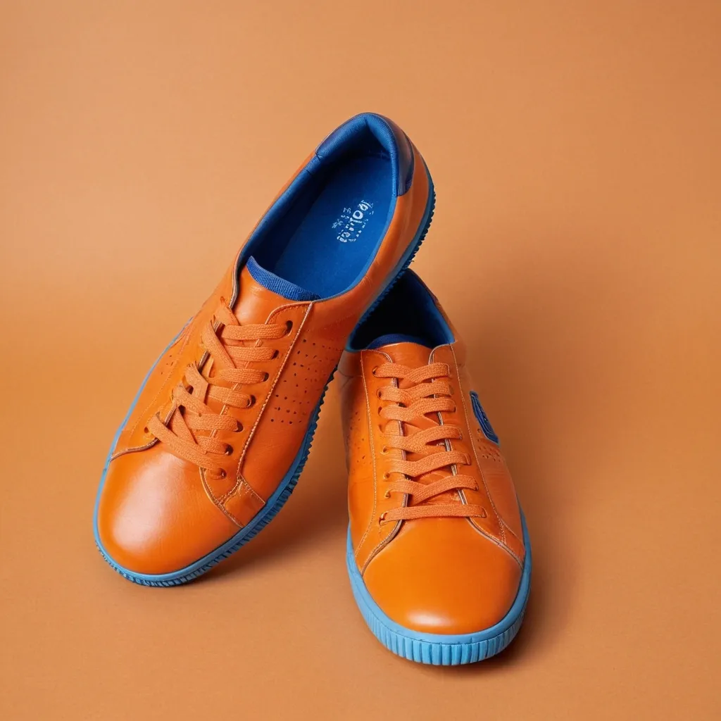 detailed photo of orange sneakers blue sole