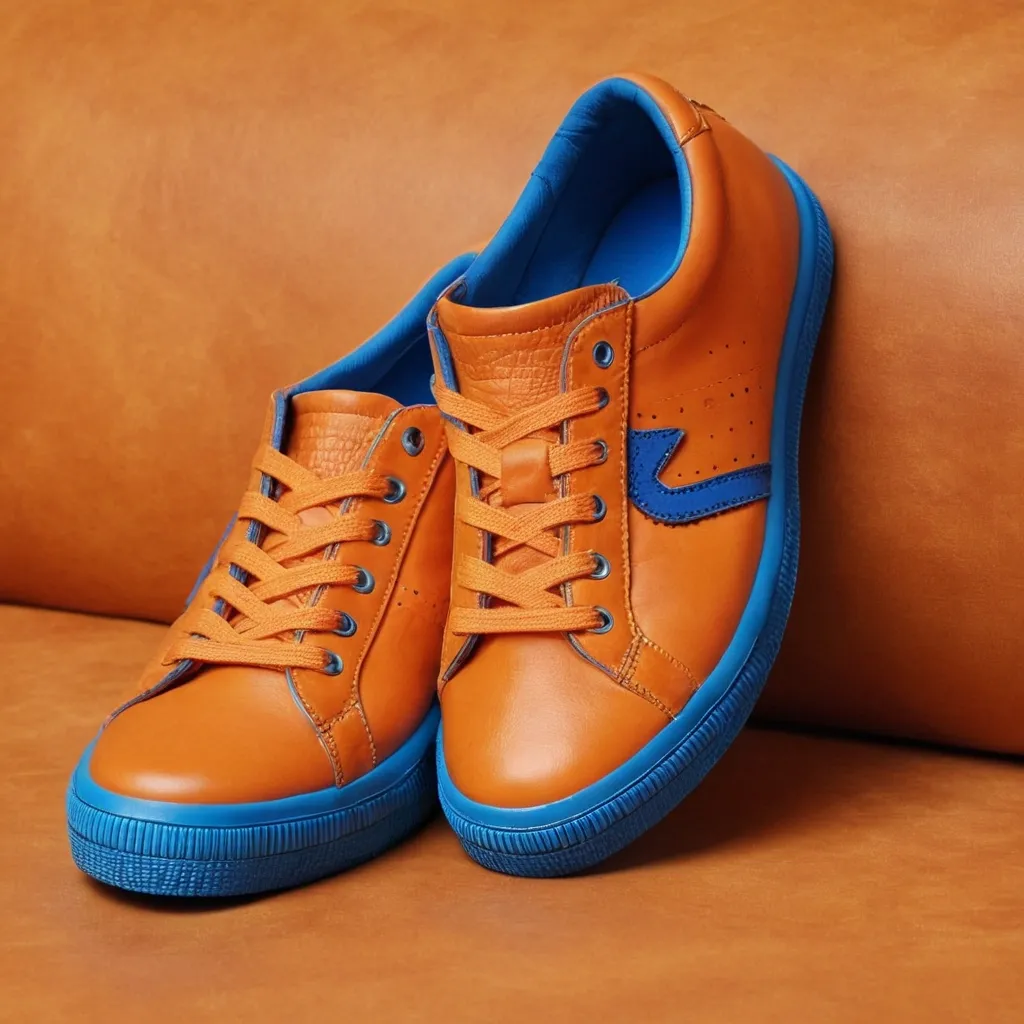 detailed photo of orange sneakers blue sole