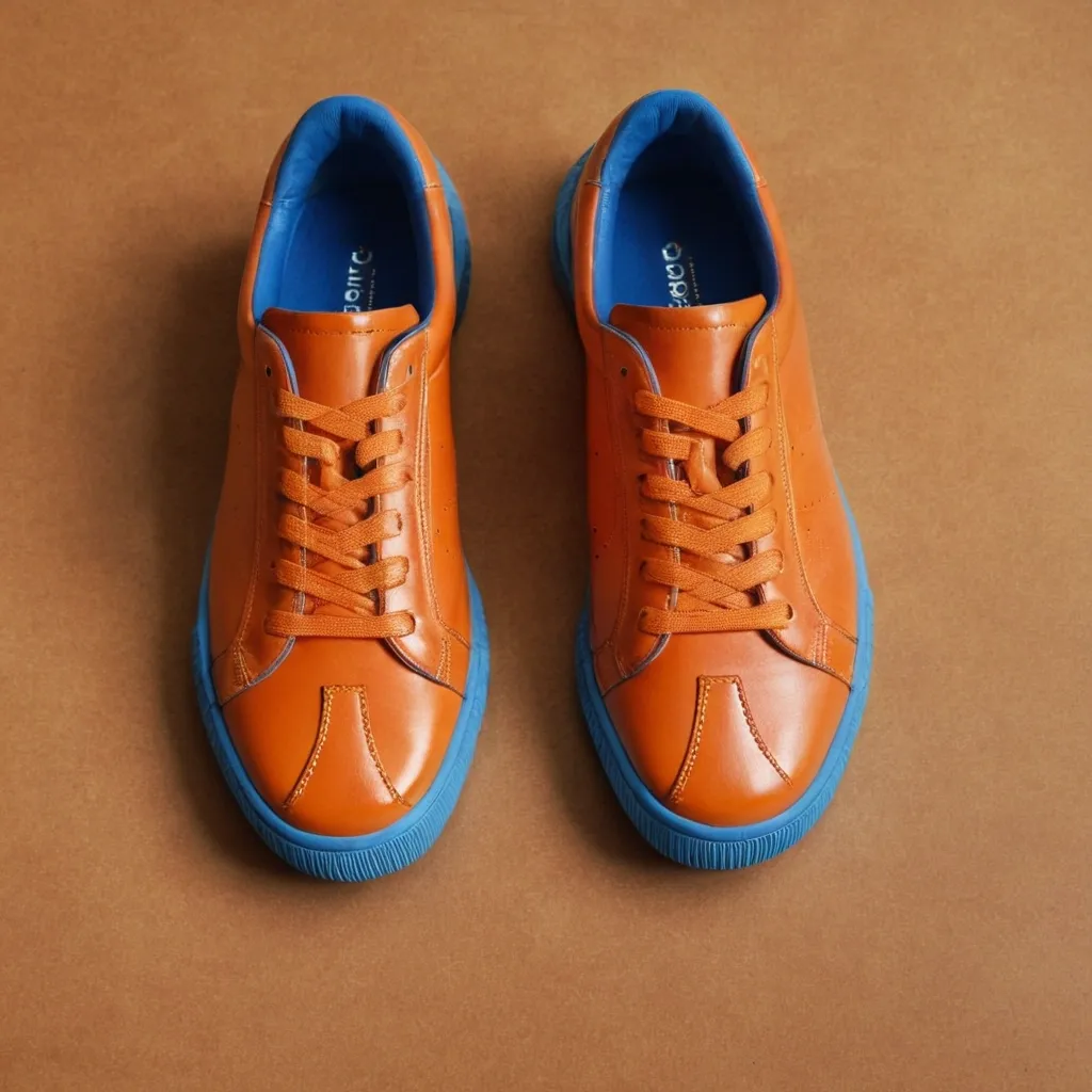 detailed photo of orange sneakers blue sole