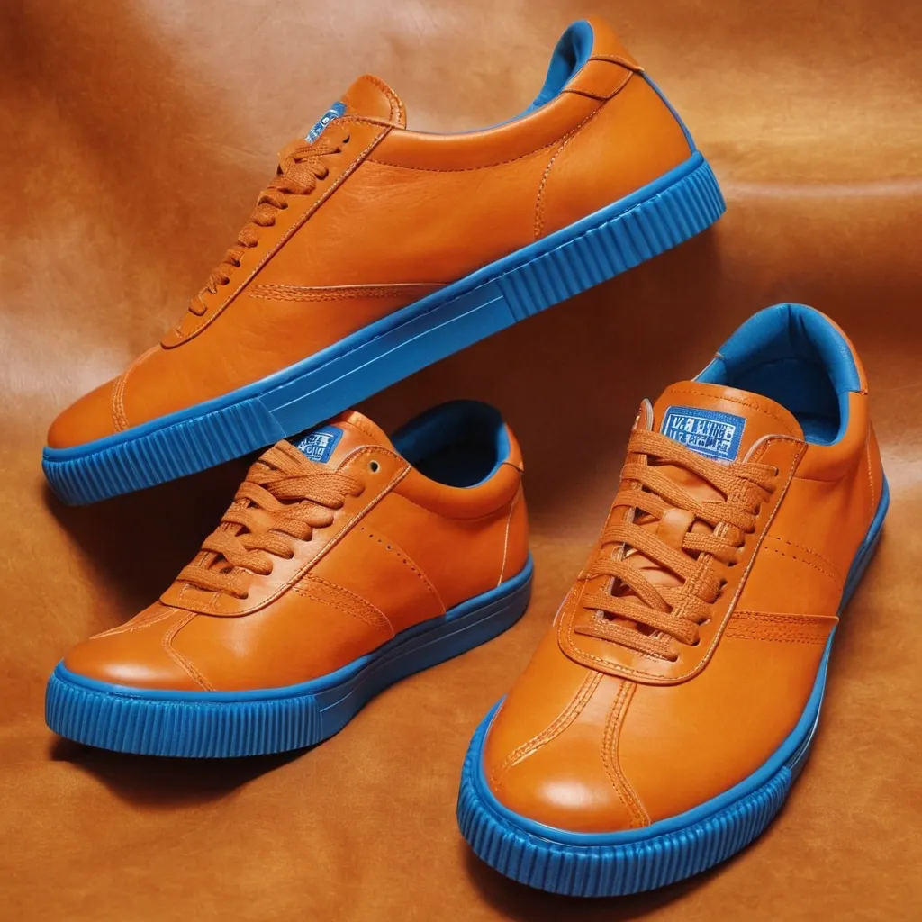 detailed photo of orange sneakers blue sole