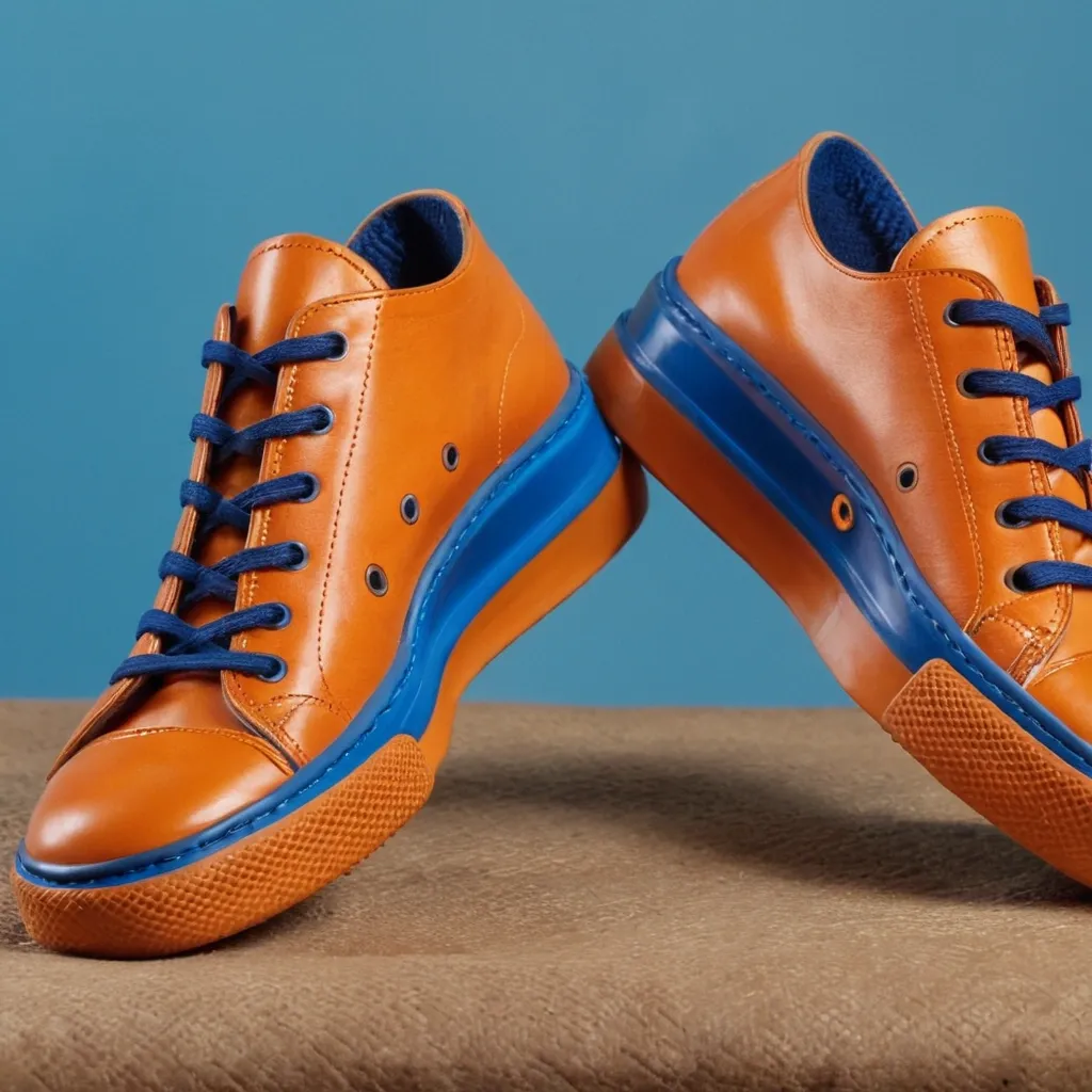 detailed photo of orange sneakers blue sole