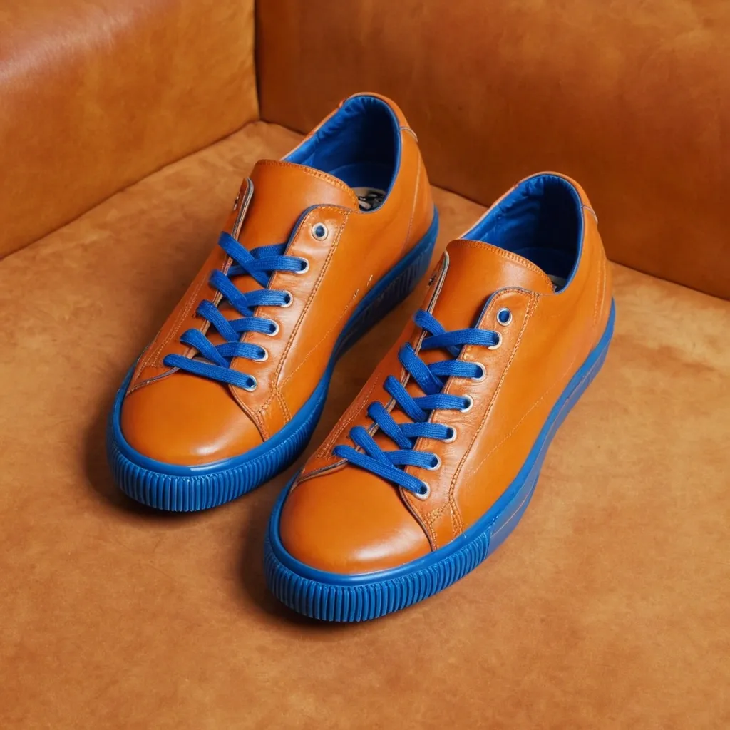 detailed photo of orange sneakers blue sole