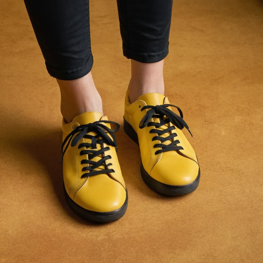 detailed photo of yellow sneakers black sole
