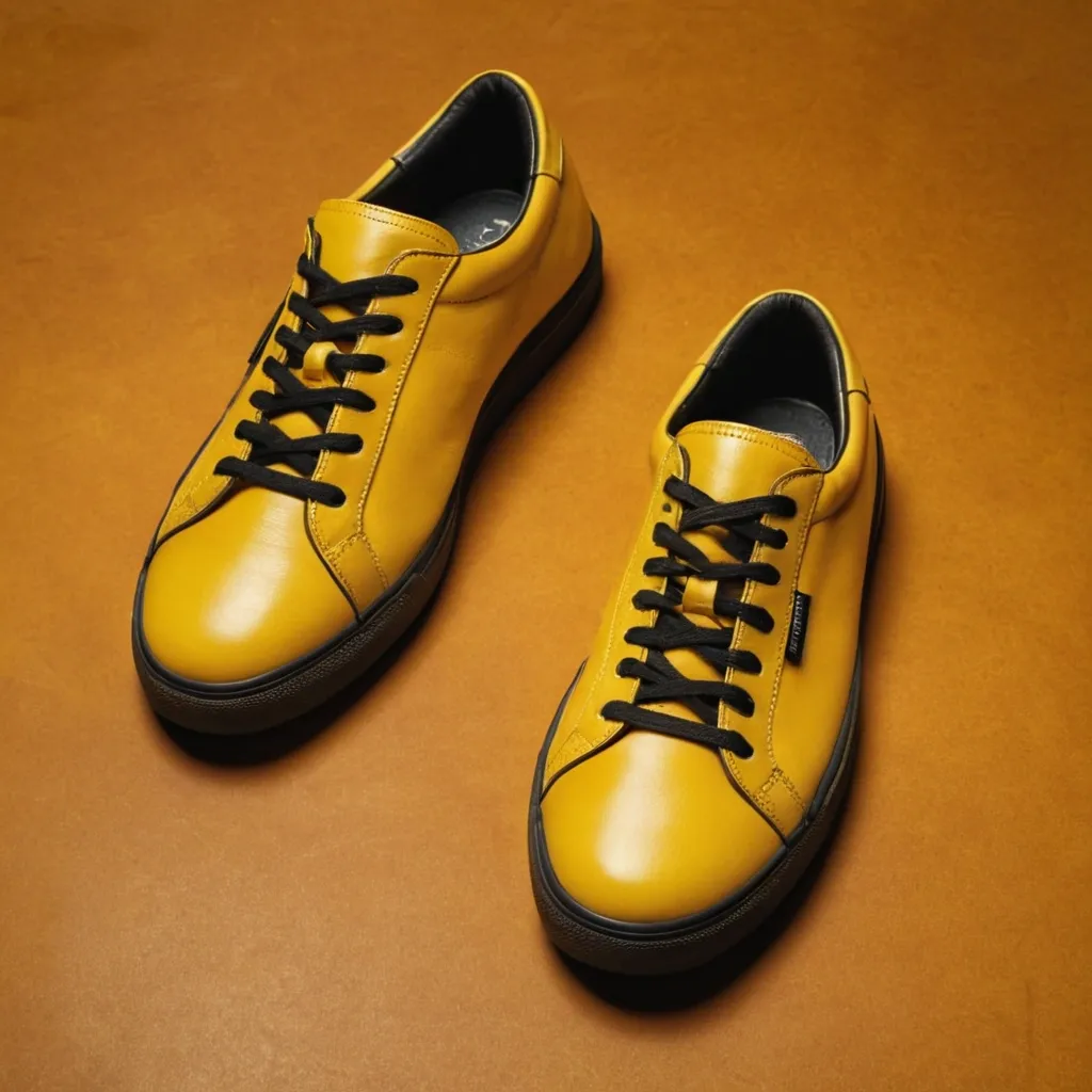 detailed photo of yellow sneakers black sole
