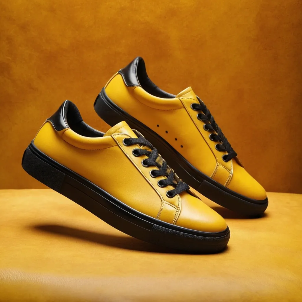 detailed photo of yellow sneakers black sole
