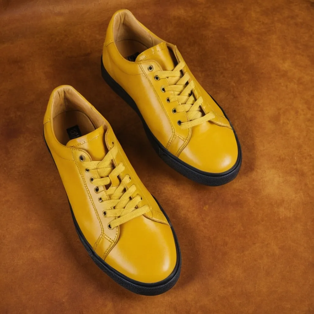 detailed photo of yellow sneakers black sole