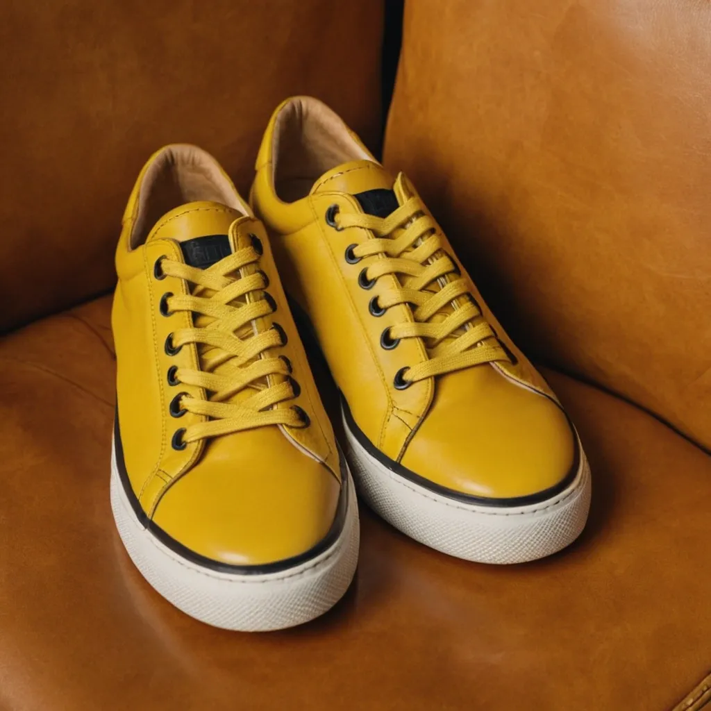 detailed photo of yellow sneakers black sole