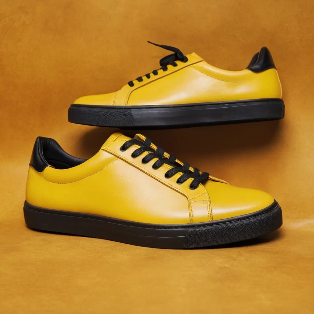 detailed photo of yellow sneakers black sole