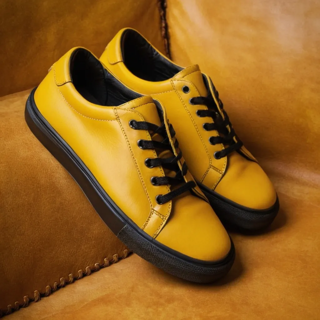 detailed photo of yellow sneakers black sole