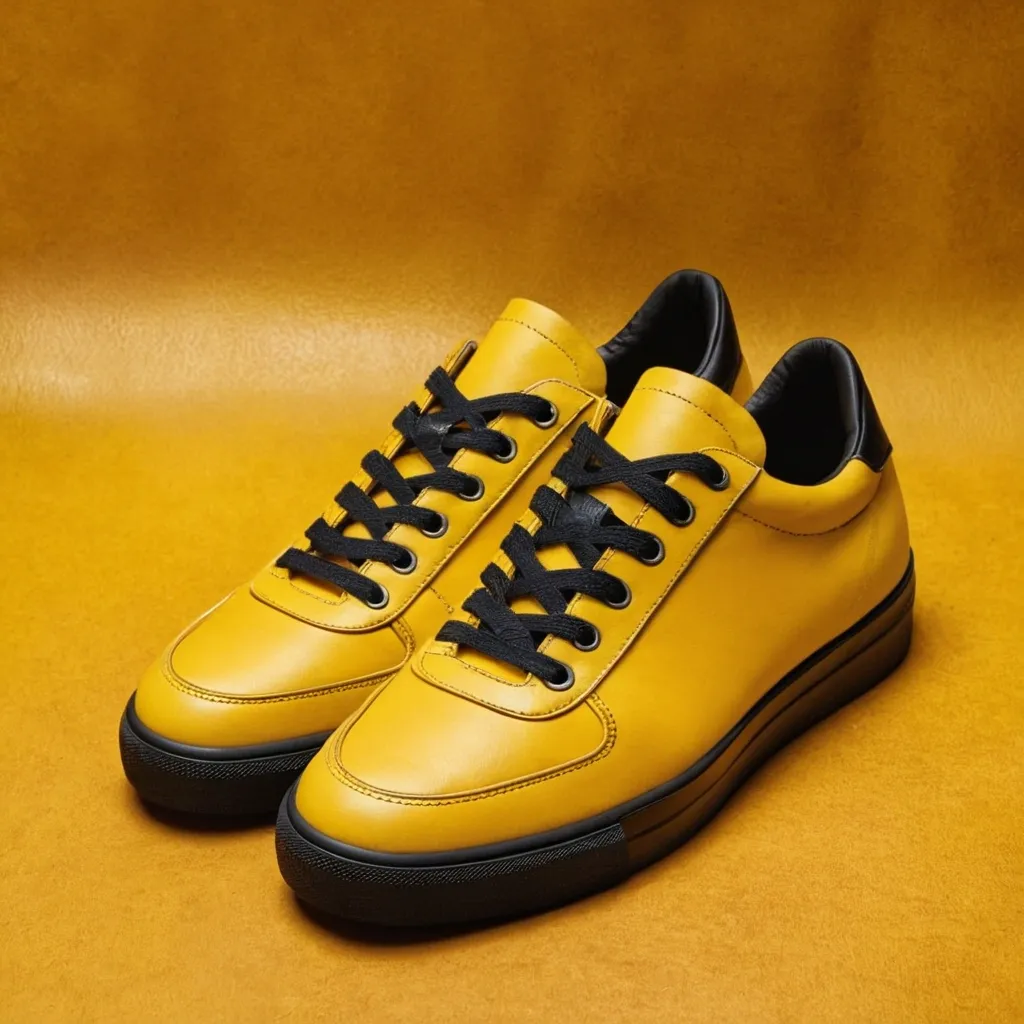 detailed photo of yellow sneakers black sole