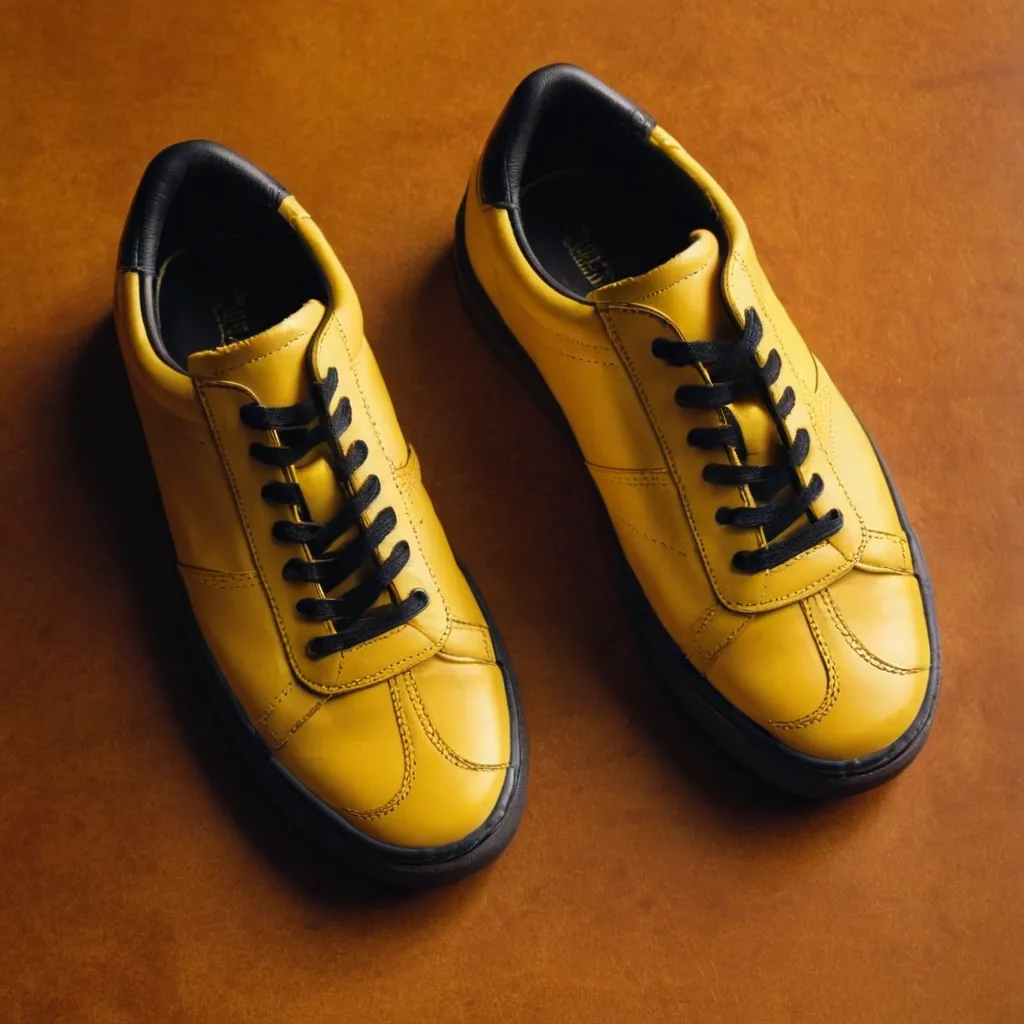 detailed photo of yellow sneakers black sole