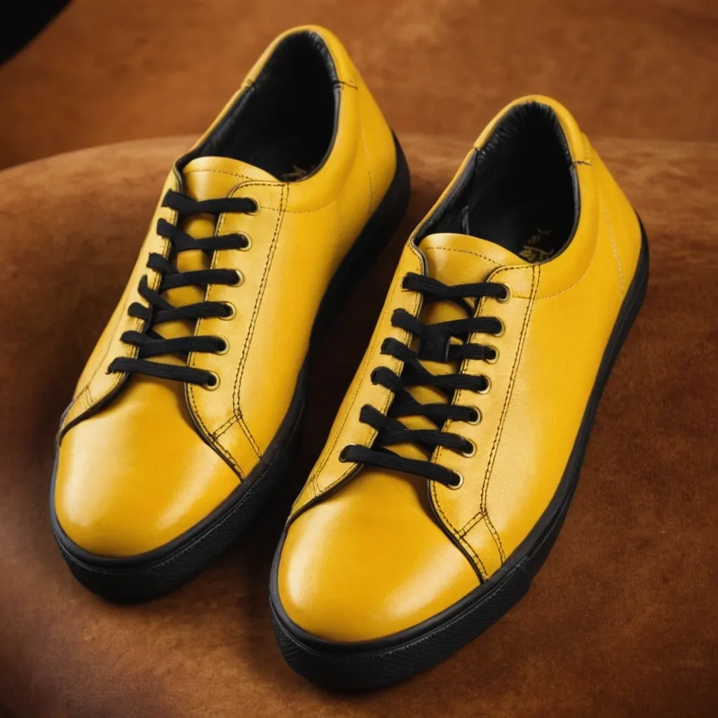 detailed photo of yellow sneakers black sole