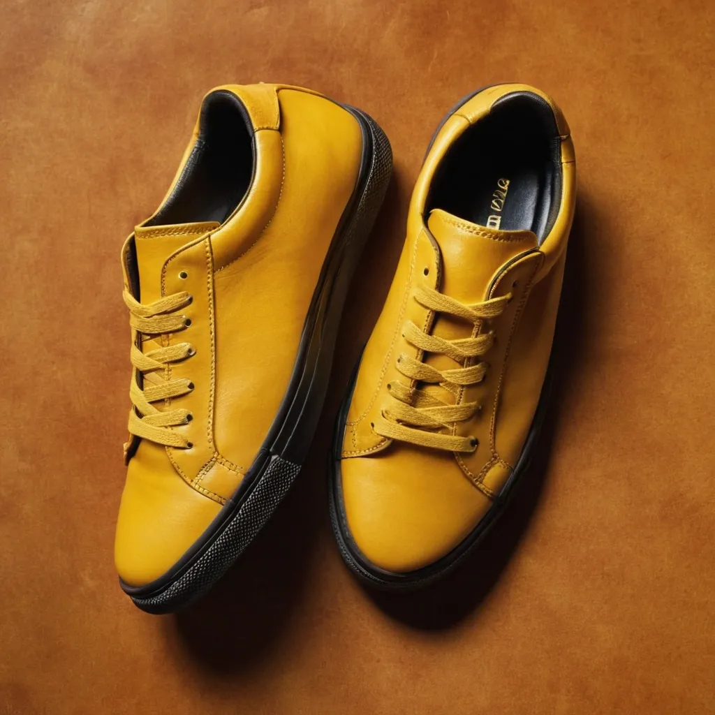 detailed photo of yellow sneakers black sole