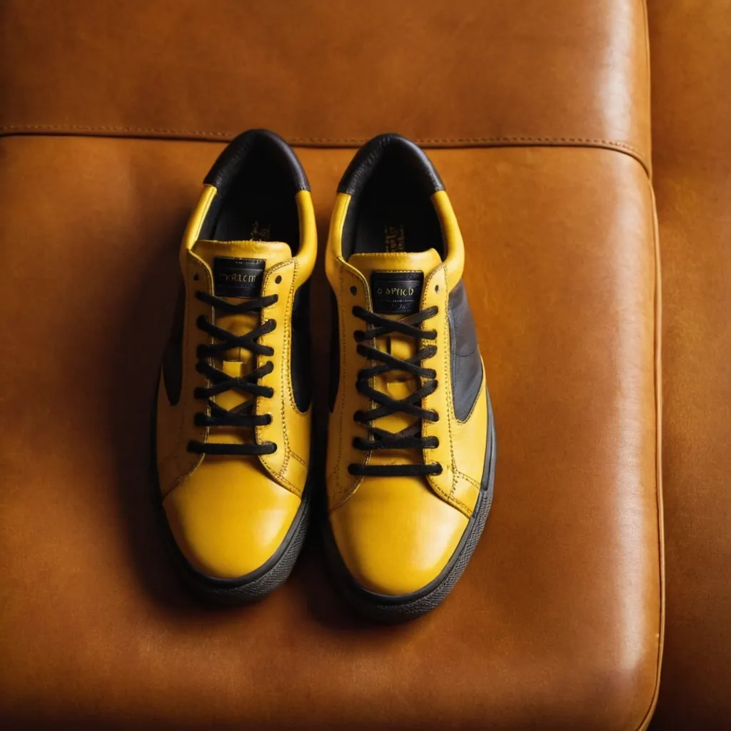 detailed photo of yellow sneakers black sole