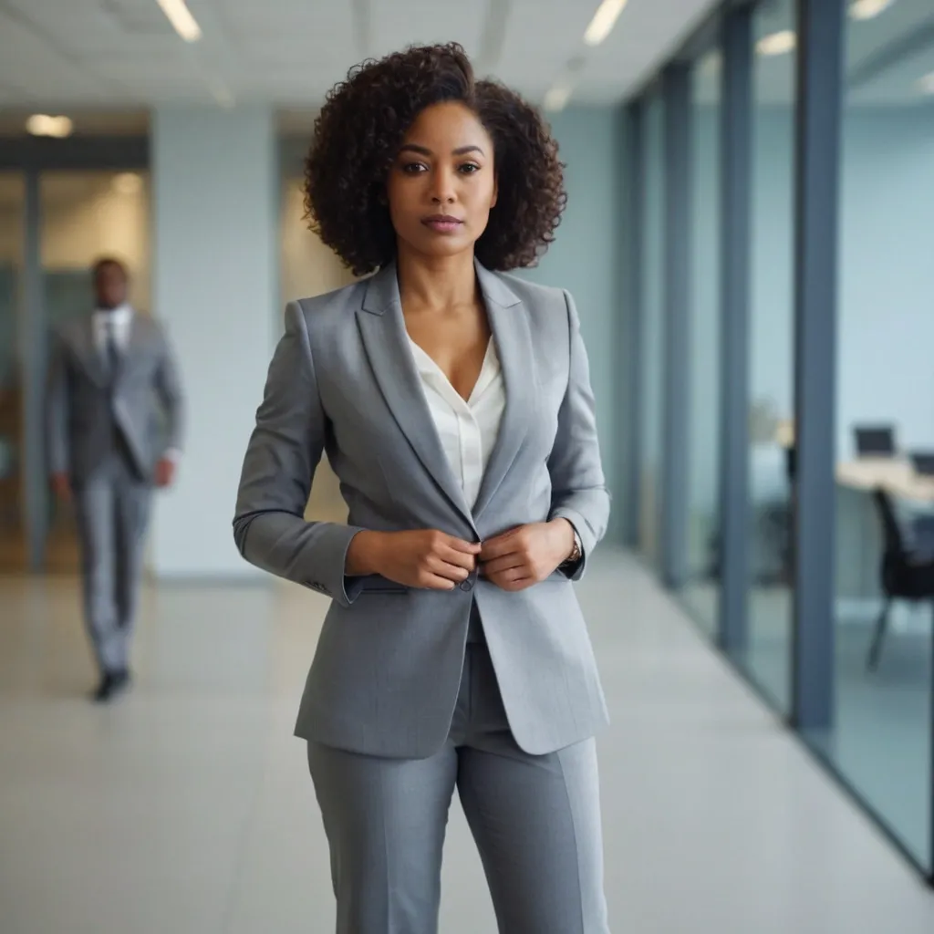 detailed photo of womens gray suit